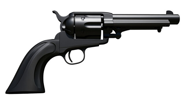 Black matte finish single action revolver handgun with wooden grip