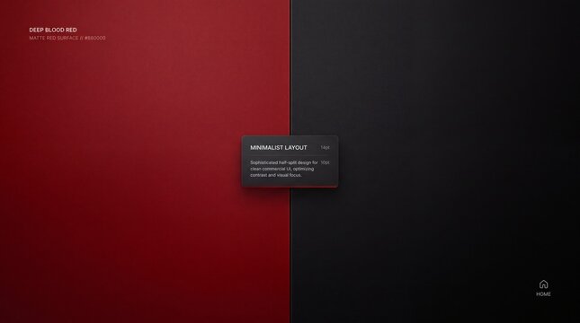 Deep blood red and black minimalist layout featuring matte surface textures divided by vertical center line for professional web interfaces