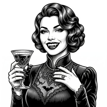 Smiling female vampire with sharp fangs and glamorous retro hairstyle, blending gothic horror with vintage elegance in a black-and-white scratchboard engraving style.