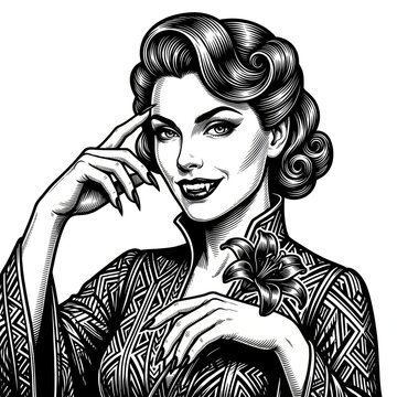 Smiling female vampire with sharp fangs and glamorous retro hairstyle, blending gothic horror with vintage elegance in a black-and-white scratchboard engraving style.
