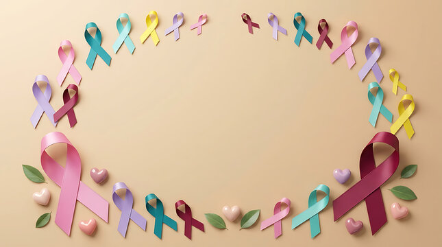 Frame of colorful awareness ribbons and small hearts on a beige background representing various health causes and charity support