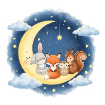 Adorable woodland creatures including a bunny fox owl and squirrel sleeping peacefully on a crescent moon under a starry night sky