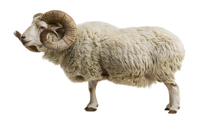 Large white ram with curved brown horns standing in profile © Aisling