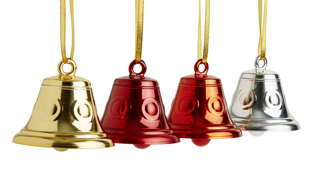 Shiny metallic gold red and silver Christmas bells hanging with ribbons
