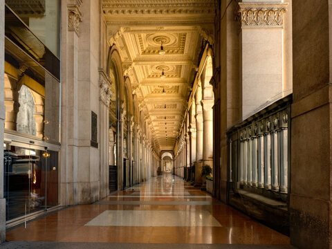 The historic marble arcades in the centre of Milan are among the city&rsquo;s most famous shopping streets