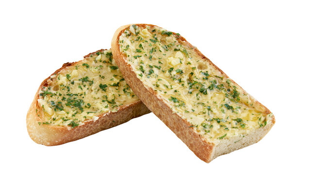 Toasted baguette slices topped with melted garlic butter and fresh green herbs
