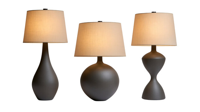 Three modern table lamps with matte dark grey ceramic bases and beige fabric shades