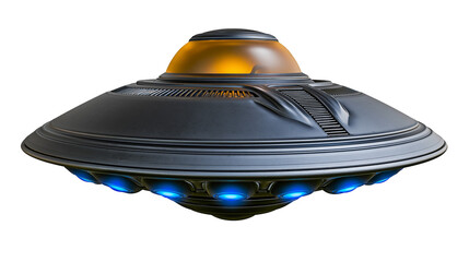 Metallic disc shaped flying saucer with amber dome and glowing blue lights © Aisling