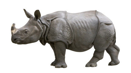 Naklejka premium Young Indian rhinoceros with thick grey skin and single horn standing sideways