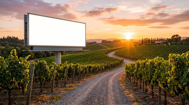 Large Blank Advertising Billboard Standing Beside A Picturesque Vineyard Road At Sunset