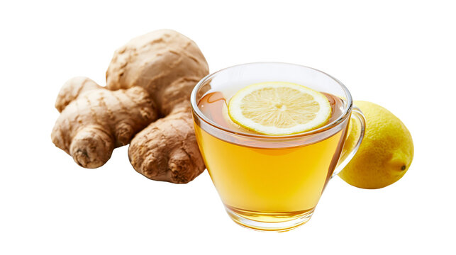 Fresh ginger root and glass cup of hot lemon tea with citrus slice