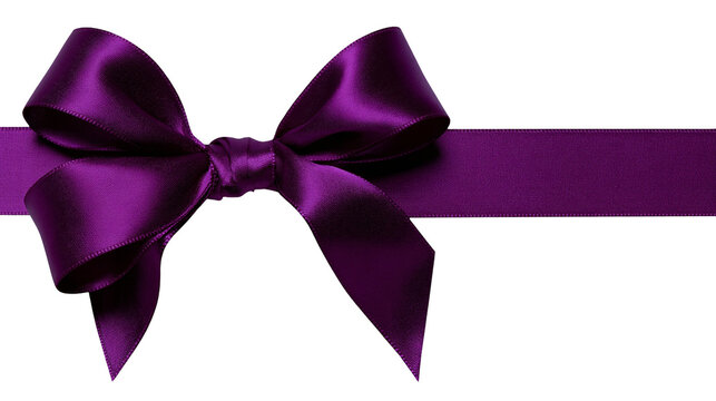Deep purple satin ribbon tied in a decorative bow with horizontal fabric strips