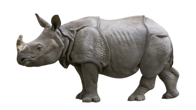 Young Indian rhinoceros with thick grey skin and single horn standing sideways