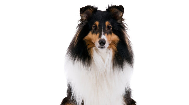 Tricolor Shetland Sheepdog with fluffy fur looking directly at the camera