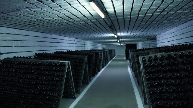Wine bottles aging in a traditional underground cellar. Endless rows of dusty wine bottles resting on wooden racks in a cool, dimly lit underground cellar, slowly aging to perfection