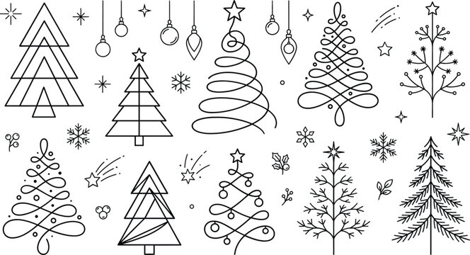 Christmas tree collection line icon set containing festive winter elements like spiral geometric calligraphic fir and decorative ornaments