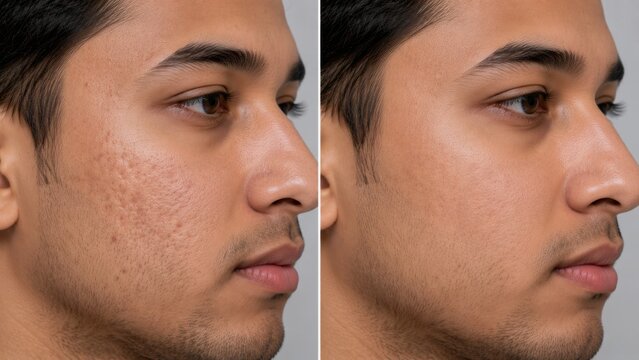 Man displaying deep pitted acne scars on cheek beside smooth healed skin after clinical skincare.