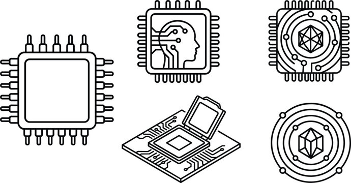 Computer microchip processor vector icon set featuring artificial intelligence cpu hardware motherboard electronic circuit components digital tech symbols