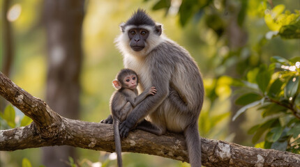 Naklejka premium Macaque monkey mother holding baby on tree branch in tropical forest. Wildlife conservation and maternal care in nature.