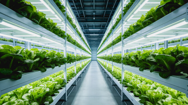 A modern indoor vertical farm growing leafy vegetables using artificial grow lights for controlled, efficient crop production.