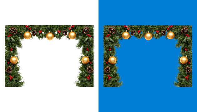 Holiday greenery border with golden baubles and pine cones isolated on transparent background
