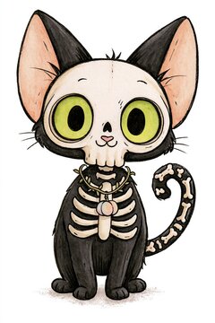 A cute black skeleton cat with lime green eyes and a tiny pink nose stands upright in a whimsical storybook style. It features a skull shaped face, cream colored rib cage, and a striped skeleton tail.