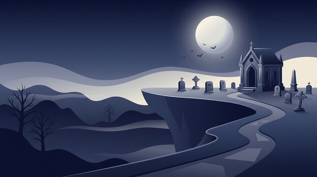 Spooky Halloween graveyard scene with full moon and gothic mausoleum at night