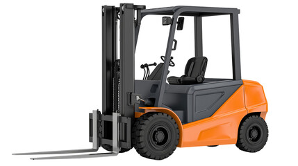 Orange and grey industrial forklift truck with heavy duty tires and metal forks © Matthias