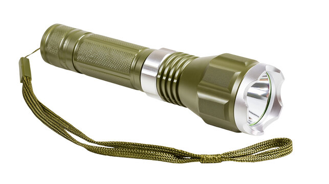 Olive green tactical LED flashlight with silver bezel and nylon wrist lanyard