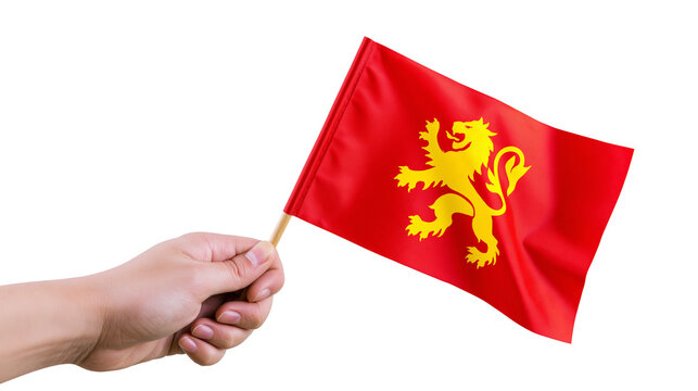 Hand holding a small red flag with a yellow lion emblem on a wooden stick