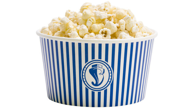 Crispy salted popcorn in a blue and white striped paper bucket