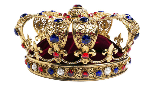 Ornate golden royal crown with red velvet lining and blue and red gemstones