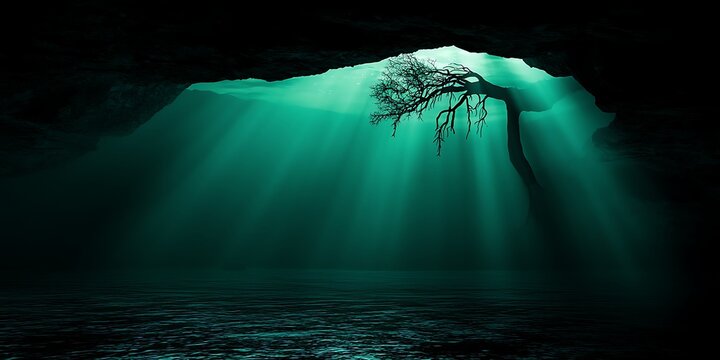 Deep underwater cave with light rays and submerged tree silhouette.