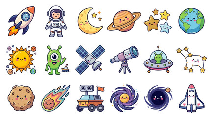 Cute Kawaii Space Sticker Pack with Astronaut Rocket Planet Alien and Galaxy Icons Set © Lavanya Anasera