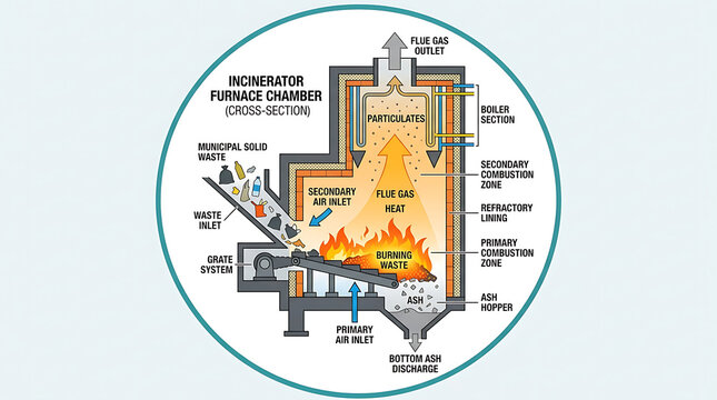 Cross section diagram of an industrial incinerator furnace chamber