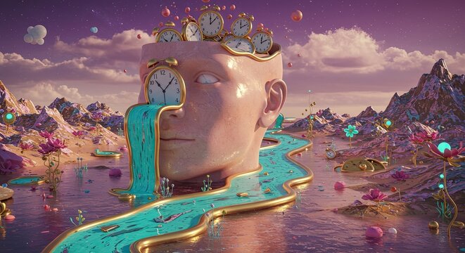 Surreal dreamlike fantasy human face landscape.