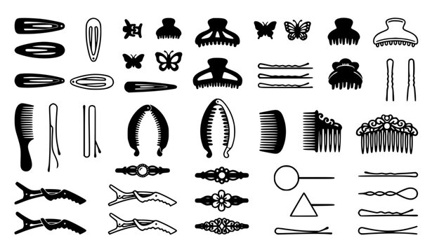 Hair Clips Hair Accessories Black Silhouette Outline Vector Icon Collection