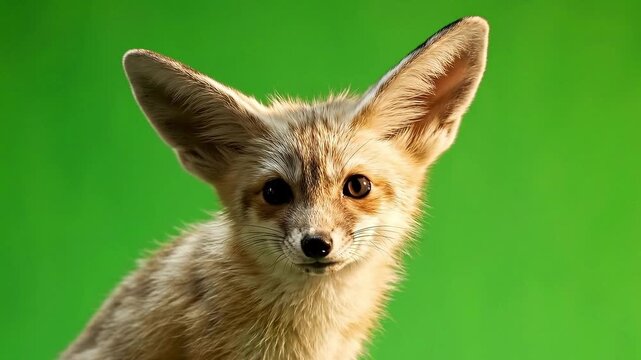 Portrait of a cute fennec fox with large ears isolated on a solid green background