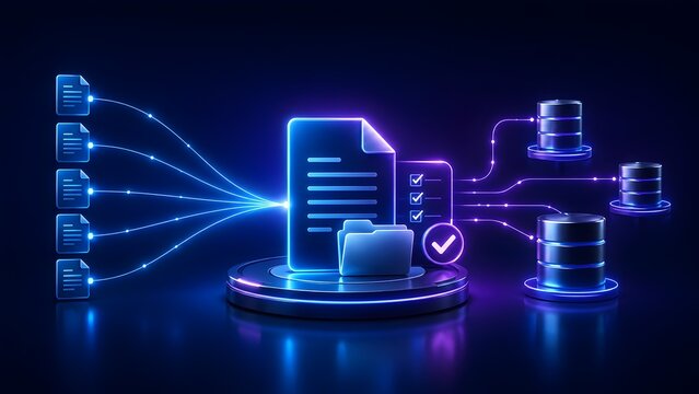 Futuristic glowing digital document processing workflow showing files being transferred into a central verified folder and stored in databases