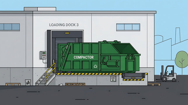 Industrial waste compactor at a warehouse loading dock