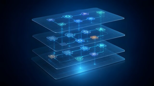 3D Isometric Layered Network Architecture Diagram Showing Complex Software Data Structure and Cloud Computing Workflow