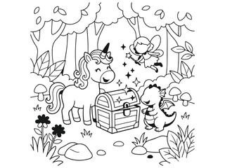 Fototapeta premium Whimsical cartoon unicorn and dragon with treasure chest in enchanted forest Vector