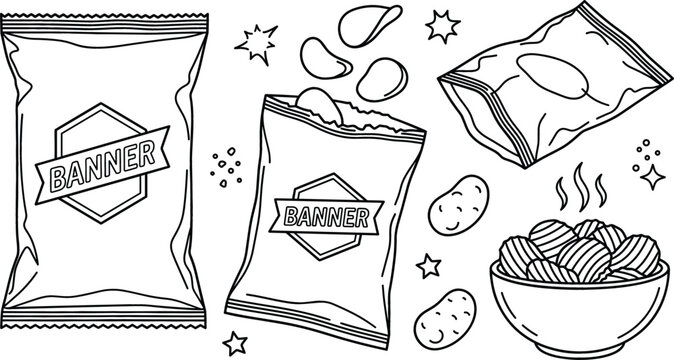 Potato chips snack packaging vector icon set with open bag crispy crinkle cut slices bowl and blank labels