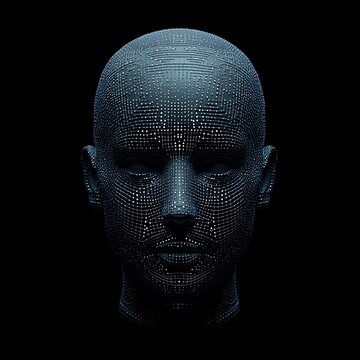 Digital human face formed by glowing blue pixels on black.