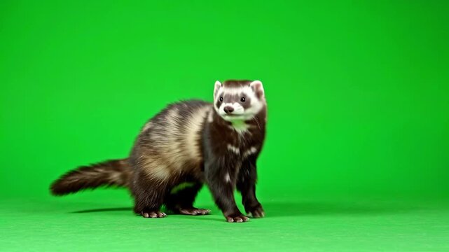 Cute ferret walking on green screen background for chroma key compositing