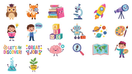 Fototapeta premium Educational Sticker Pack for Kids Featuring Science Space Art and School Motivation Characters