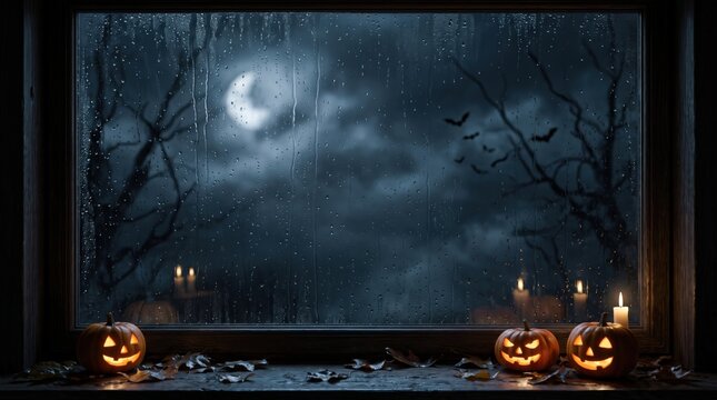 Moody halloween interior background with glowing jack-o-lanterns on a window sill, overlooking a spooky, rainy, moonlit night, for copy space.