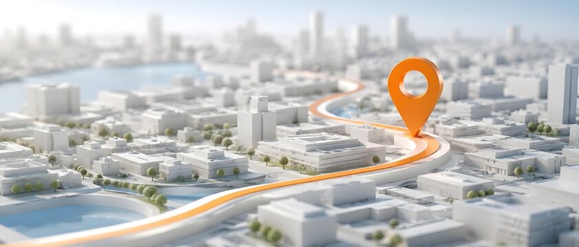 Orange Location Pin Marking a Route Through a White 3D Architectural City Model for Urban Planning or Logistics