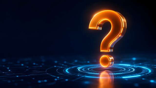 Glowing Orange 3D Question Mark Hovering Over a Blue Digital Network Surface Representing Technical Support and Inquiry