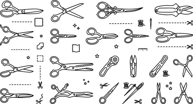 Tailoring shears and scissors line icon set containing craft elements like rotary cutter fabric pinking shears thread and needles